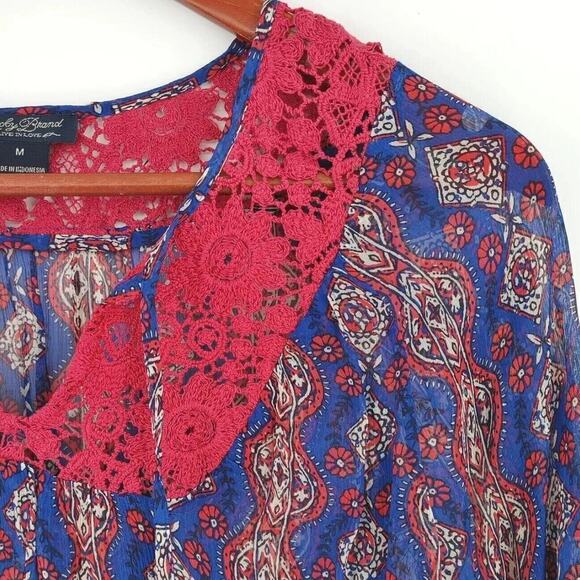 Lucky Brand Peasant Top Womens Medium Blue Sheer Lace Crochet Boho Vibe - Picture 5 of 13